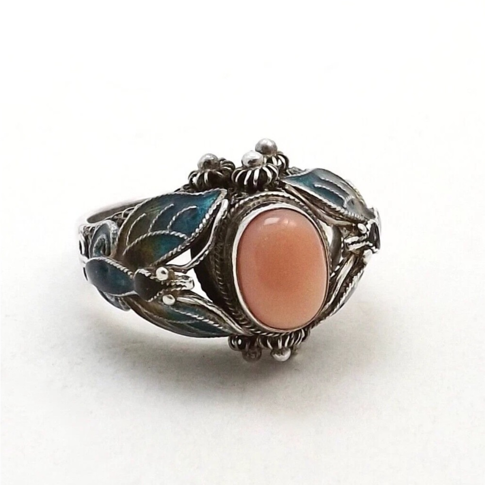 Vintage Chinese Sterling Silver Filigree Coral Cloisonne Butterfly Ring 10